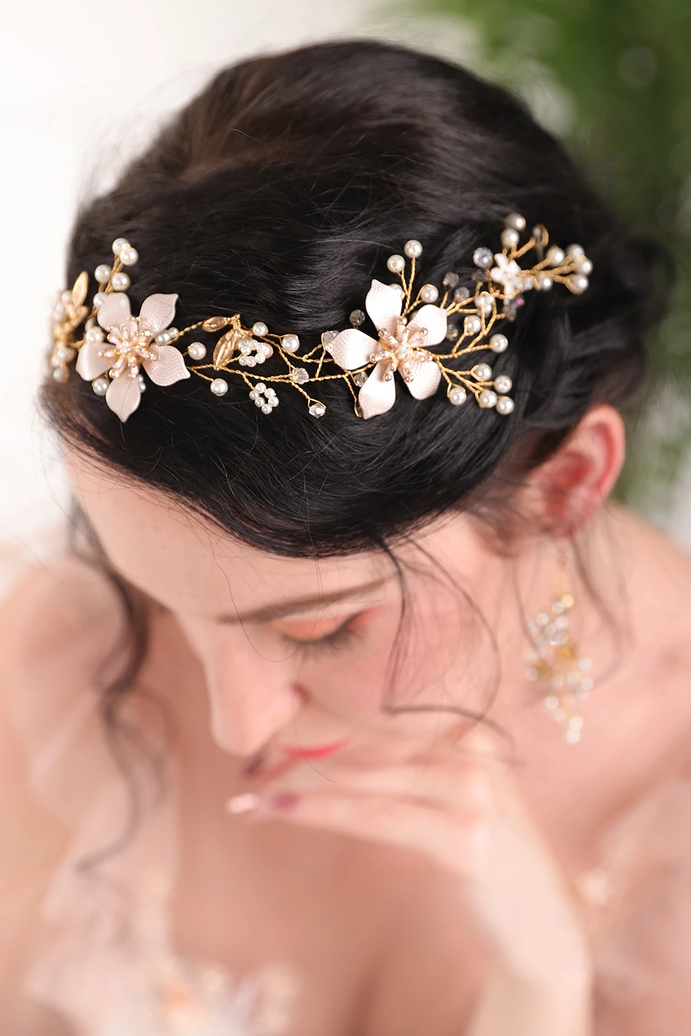 Gold Flower Crown and earrings Shiny Rhinestones Crystal Pearl women Hair Accessories Headwear Bridal Jewelry Sets