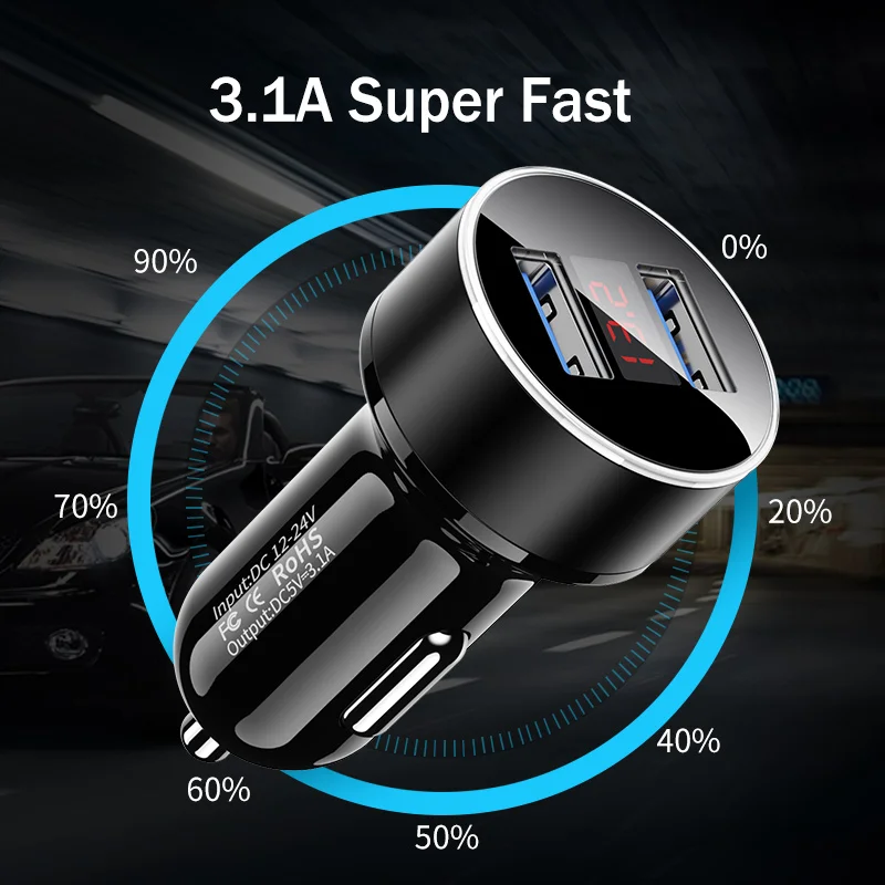 Автомобильное зарядное устройство Mini Dual USB со светодиодным дисплеем
