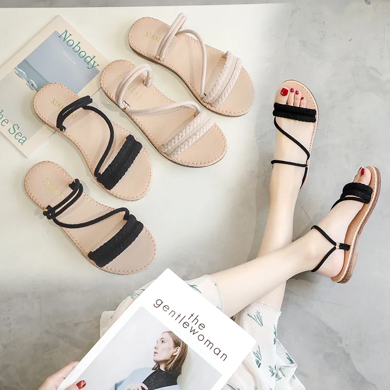 

72-9 Flat Sandals Student Summer 2019 New Style Versatile Korean-style Genuine Leather Outer Wear Slip Shoes Double Purpose Sand