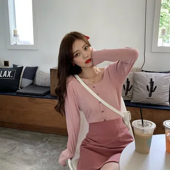 

Autumn Winter Women Solid Color Slim Stripes Print Long Sleeved Square Collar Slim Casual Sweater