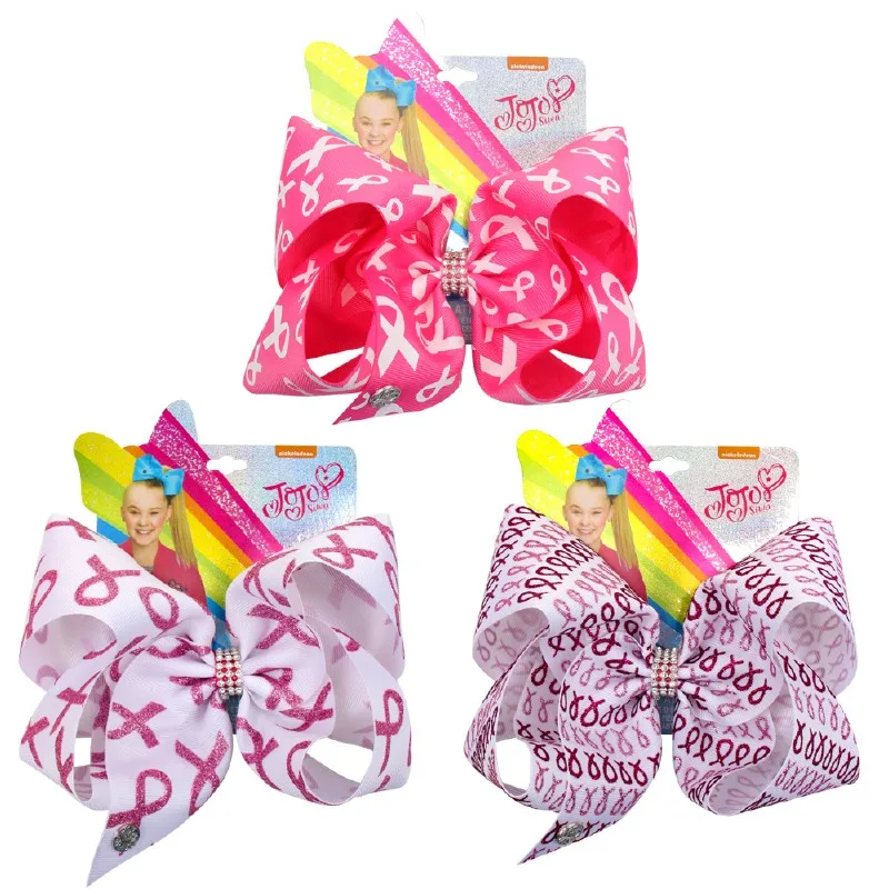 

7'' Jojo Large Hair Bows for Girls Breast Cancer Awareness Handmade Printed Bowknot Hairgrips Rhinestones Party Kids Headwear
