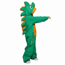 Новинка; модный детский лыжный костюм с героями мультфильмов; плотный теплый ветрозащитный водонепроницаемый цельный лыжный комплект с динозавром