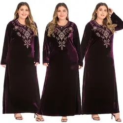 Размера плюс Для женщин бархат Повседневные платья Абаи вышивка кафтан мусульманское платье джилбаба арабское одеяние свободные