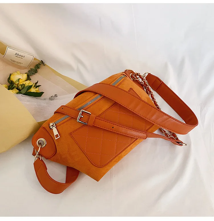 Женская замшевая поясная сумка женская из нубука модная простая клетчатая сумка с цепочкой на груди Роскошная брендовая сумка на ремне поясная сумка - Цвет: Orange