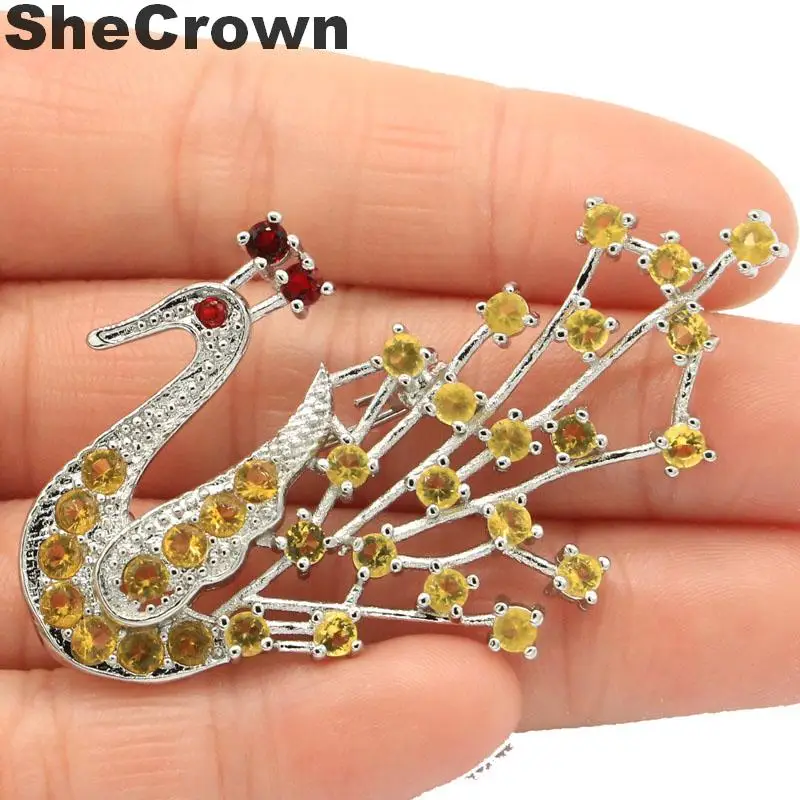 

58x33mm Gorgeous Peacock Created Golden Citrine Ruby CZ Gift Silver Brooch