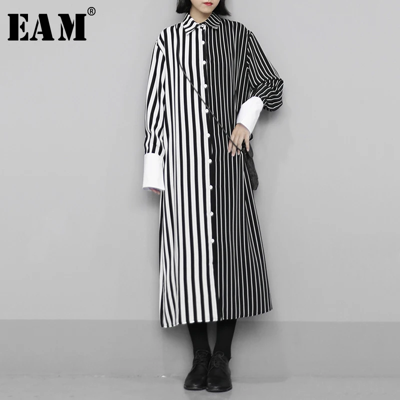 

[EAM] Women Black Striped Contrast Color Long Shirt Dress New Lapel Long Sleeve Loose Fit Fashion Tide Spring Autumn 2020 1N608