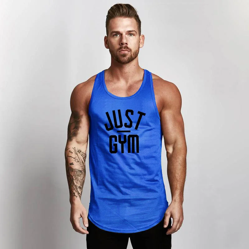 Muscleguys Фитнес Мужская сетчатая рубашка без рукавов тренировочный жилет для бодибилдинга майка быстросохнущая спортивная одежда - Цвет: blue155