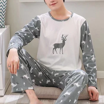 

MONERFFI 2020 Spring New Men Pajamas Sets Casual Long Sleeve O Neck Thin loose Pajamas For Men Printed Sleepwear Suit Homewear