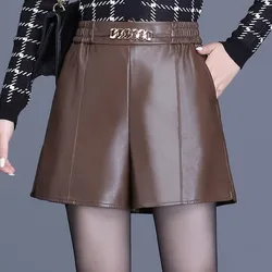 Café feminino chique moda bolsos de couro falso shorts vitnage perna larga elástica cintura alta feminina calças curtas mujer mais tamanho