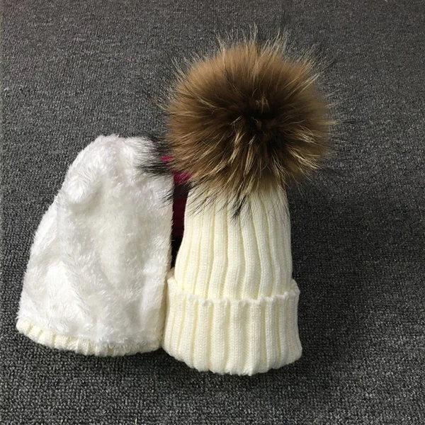 Kids Scarf Kids Sunhat Kids Winter Hats Fahion Skullies Knitted hat Kid's Beanies Boy Girls Real Raccoon fur Pompom Hats Set