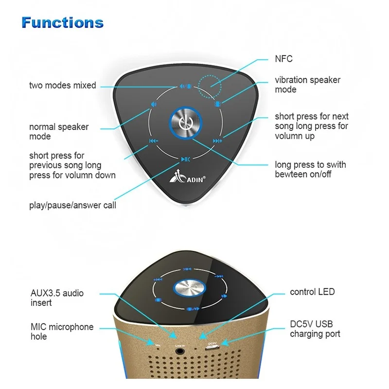 Портативный динамик NFC 36 Вт беспроводной с вибрацией и Bluetooth s ADIN V8 золотистый