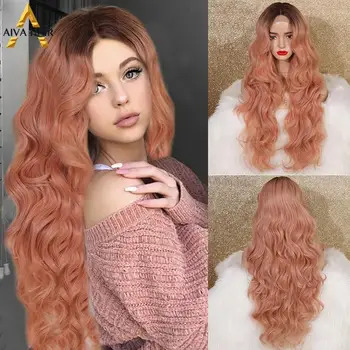 

Aiva Glueless Long Wavy Pink Ombre Wig Heat Resistant Purple Synthetic Lace Front Wig High Density Cosplay Wigs For Black Women