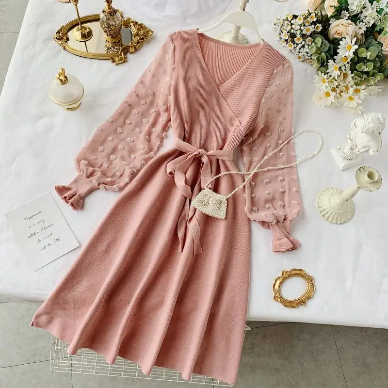 

Chiffon sleeve patchwork knit dress 2020 Spring and winter new V-neck high waist tie A style dresses solid color elegant dresses