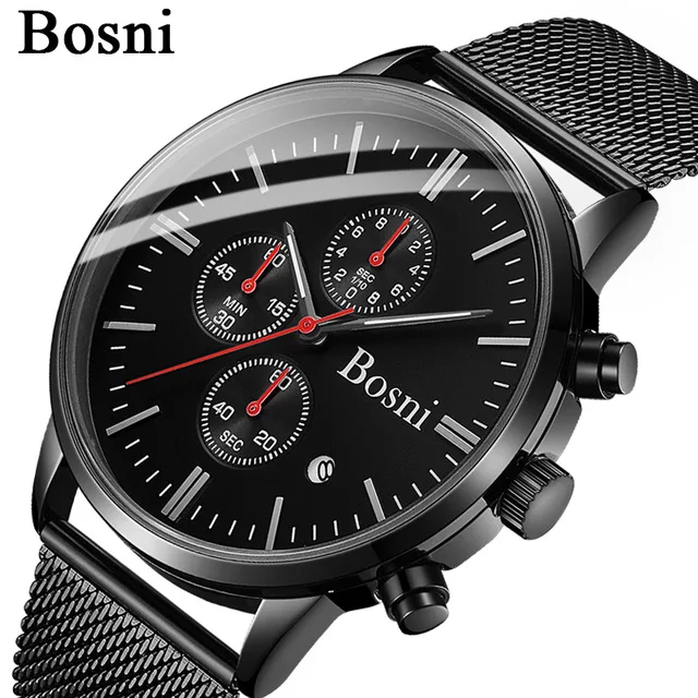 Fashion BOSNI Men Quartz Watch Men Black Stainless steel Waterproof Analog Quartz Wristwatch Male Gifts Relogio Masculino