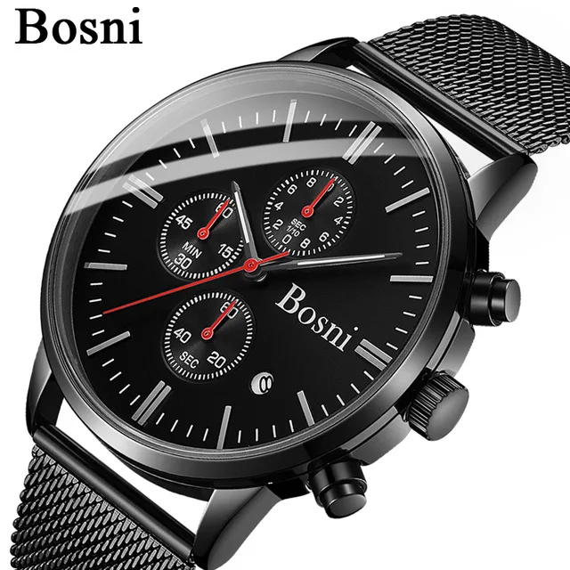 Fashion BOSNI Men Quartz Watch Men Black Stainless steel Waterproof Analog Quartz Wristwatch Male Gifts Relogio Masculino mini focus chronograph quartz watch for men with stainless steel bracelet luxury sport analog wristwatch with date black purple