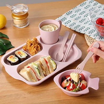 

Wheat Straw Children's Dinner Plate Bowl Cup Set Lunch Dinner Plate Divider Dinner Plate Cartoon Baby Anti-fall Tableware