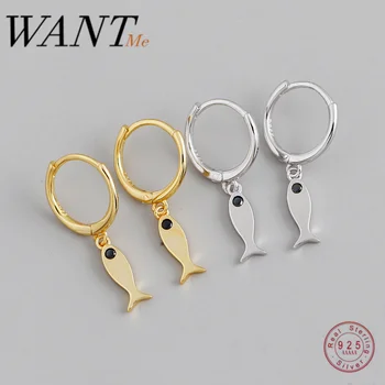 

WANTME Real 925 Sterling Silver Minimalist Black Zircon Fashion Chic Fish Stud Earrings for Women Romantic Party Jewelry Gift