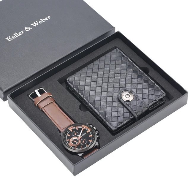 Men's Wristwatch Gift Set Quartz Watch Brown Leather Watchband Black Wallet Male Purse Fine Birthday Gift Box for Daddy Husband Brown Watch Wallet