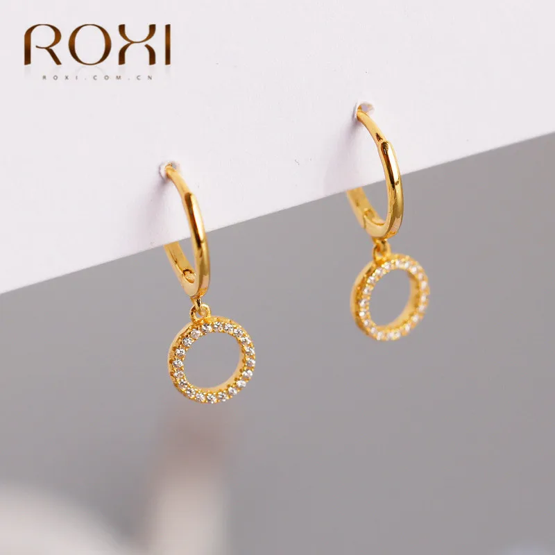 ROXI, модные маленькие 925 пробы, серебряные Подвесные серьги-гвоздики, серьги для женщин, Кристальные круглые подвески, очаровательные маленькие серьги-гвоздики, ювелирное изделие