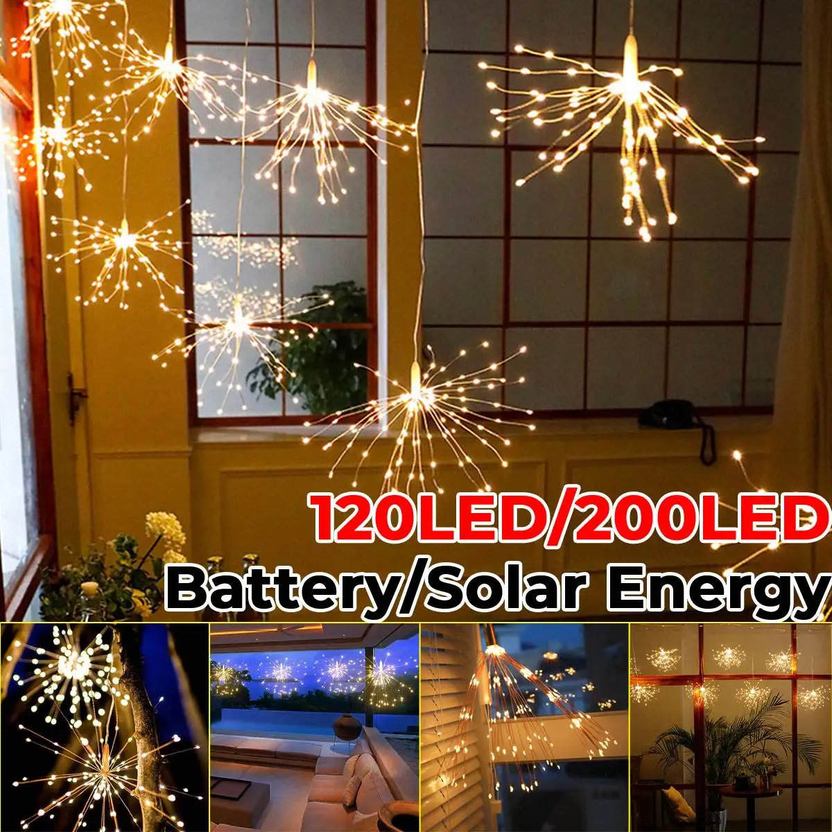 120/200LEDs Solar Battery Power DIY Outdoor Garden Decoration LED Firework Explosion Light Waterproof Star Copper Wire Lamp photo