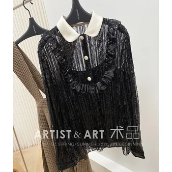 

Svoryxiu luxury ~ Designer High-End Custom Beaded Sequins Embroidery Black Tulle Blouse Shirt Women's Silk Lining