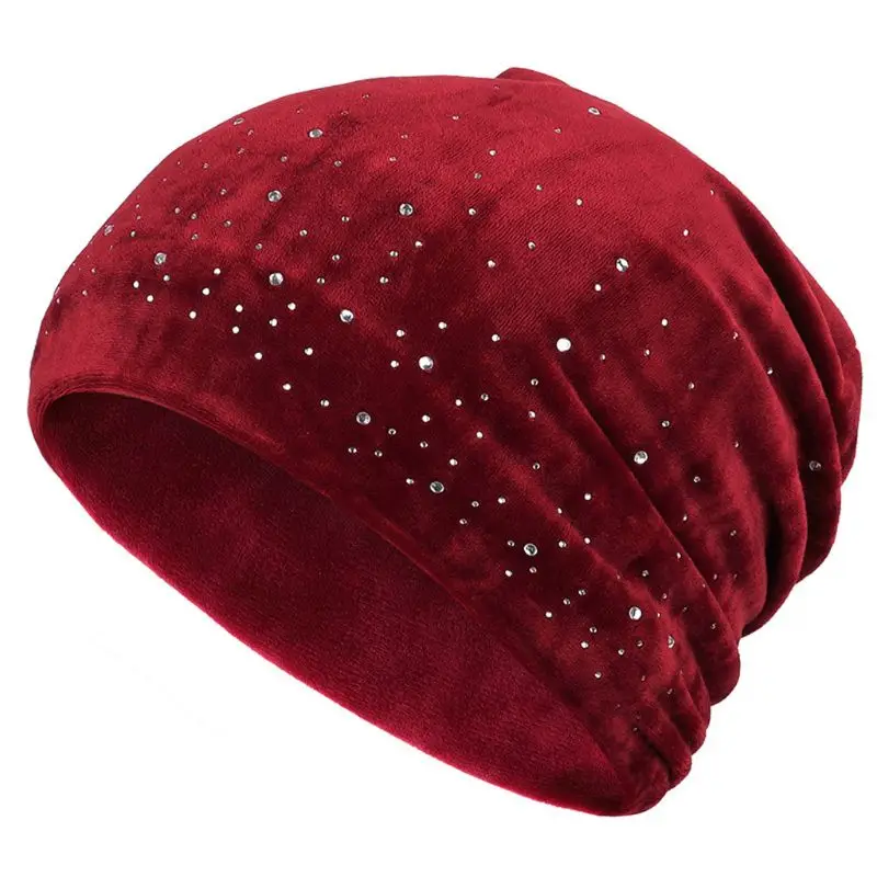 Для женщин Skullies зимняя бархатная шапка бини мягкие теплые блестящие жемчуг стразы шапки C6UD - Цвет: D