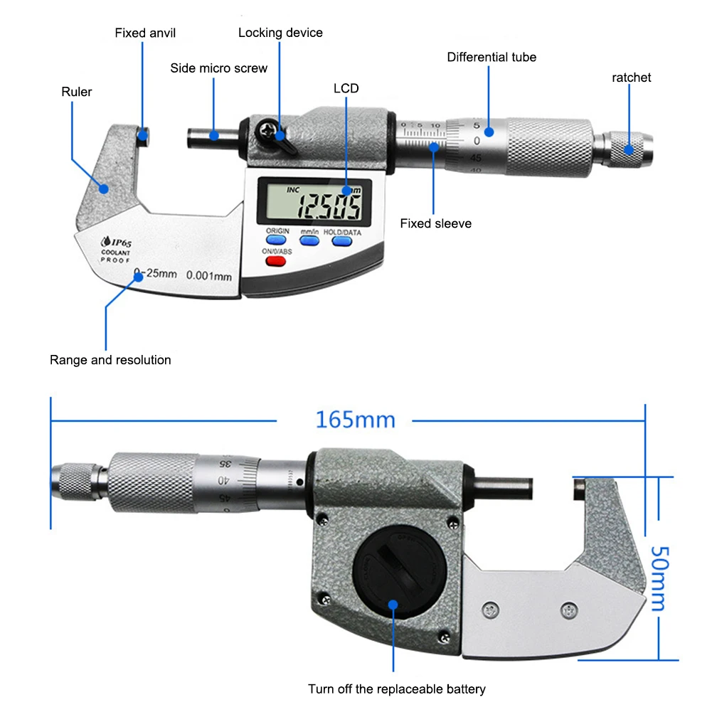 

0-25mm Spiral Micrometer Measurement Tool Digital Screen External Diameter Micrometer Waterproof Anti-Static Thickness Gauge 1pc