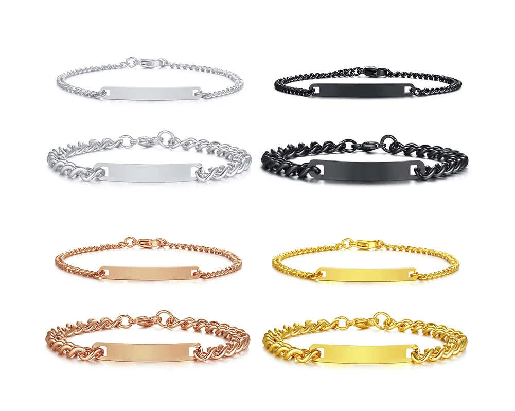 Stainless Steel Bracelet Plate Id Tag Bar Cuban Link Chain Engravable for Men Women Couple