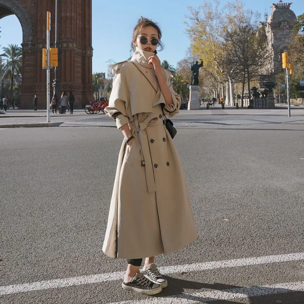 

Photo Shoot Sense of Design Joint Contrast Color Long Trench Coat 2020 Spring New Style Fashionable WOMEN'S Dress Retro Laziness