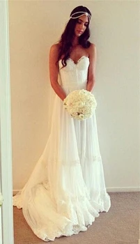 

Beach Chiffon Bohemian Bridal Gown with Lace Tiered Sweetheart Romantic Vestido De Novia Casamento Backless bridesmaid dresses