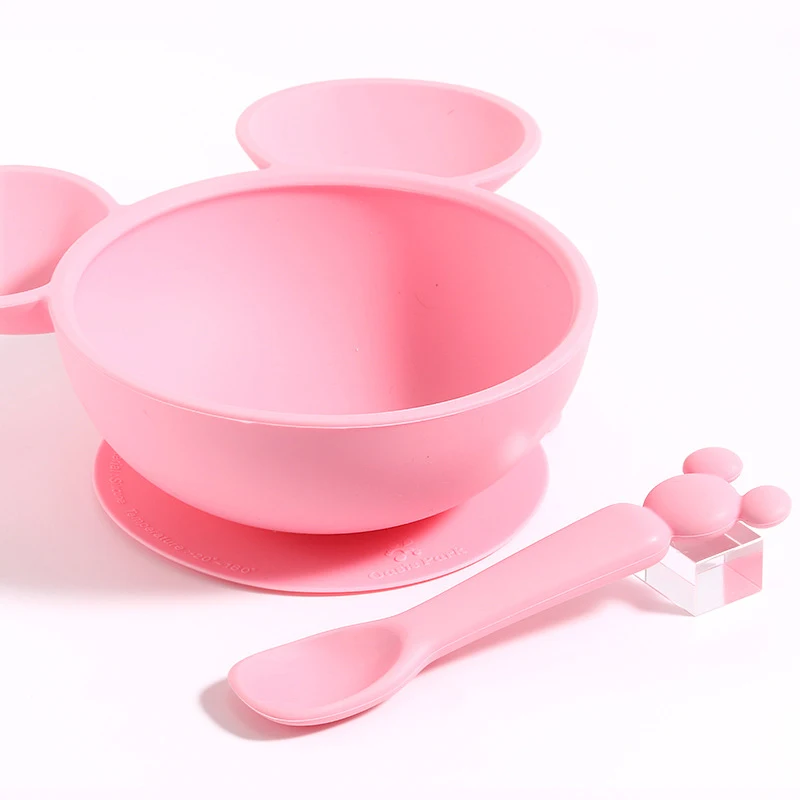 Disney Baby Cute Silicone bowl+ spoon Cartoon Kids Bottom suction cuptraining Bowl spoon for children