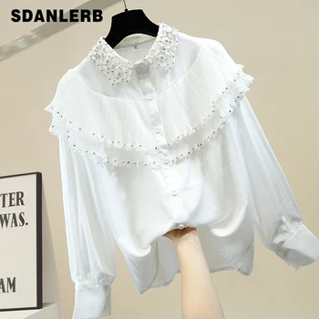 

Sweet Doll Collar Lace Panel Heavy Beaded Single Breasted Woman's Shirts Women's Fashion Temperament Blouses and Tops Ropa Mujer