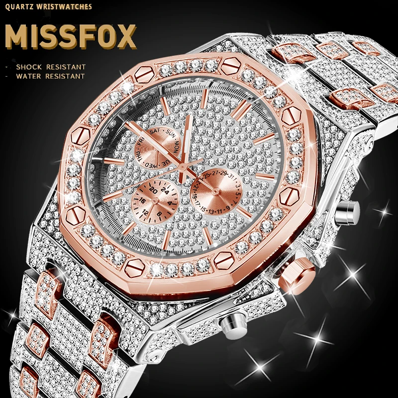 

Men's Watch Stainless Steel Authentic MISSFOX Audemars Chronograph Quartz Movement Diamond Watch Men Chrono Golden Timepieces
