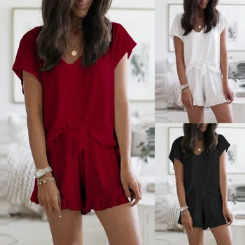 

pajamas set Women Two-Piece nightgown Short Sleeve Pajama Set home suit ladies nightshirt Ruffle Nightwear silk pajamas camisola