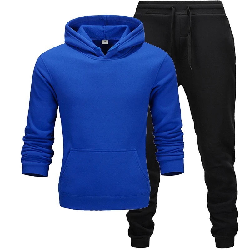 Royal blue Новинка; комплект с толстовкой; Спортивный костюм для мужчин; Флисовая теплая толстовка с принтом для бега; Homme; Спортивный костюм; survetement homme; комплект из двух предметов; топ и брюки - Цвет: Royal blue