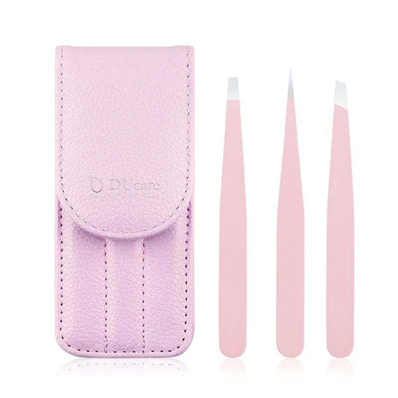 Pink 3 шт./компл. Профессиональный пинцет из нержавеющей стали для бровей точечный наконечник/Наклонный наконечник/плоское снятие макияжа волос Набор инструментов с сумкой - Color: Pink