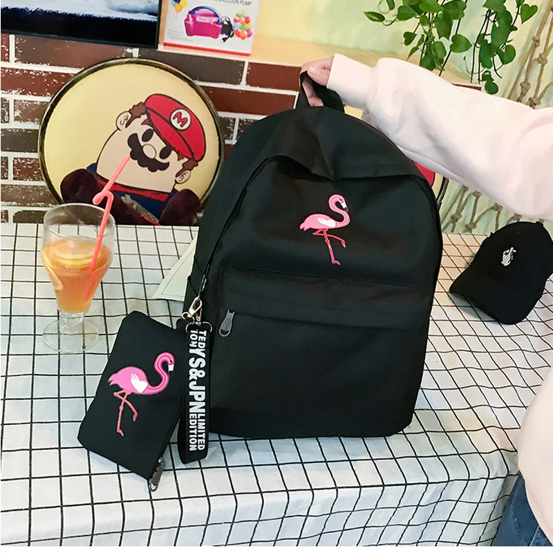 Harajuku school bag female Korean version of ulzzang high school students flamingo print campus college wind canvas backpack