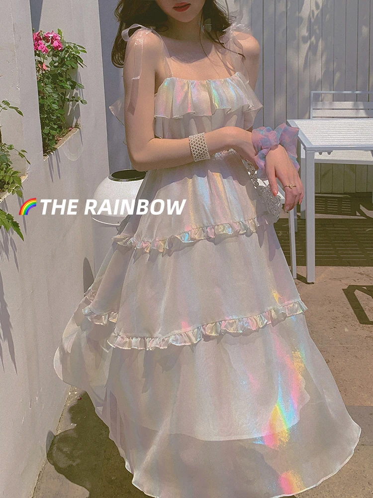 

Women's Dress 2020 New Colorful Streamer Dress Fantasy Color Suspender Skirt Layered Ruffled Dress