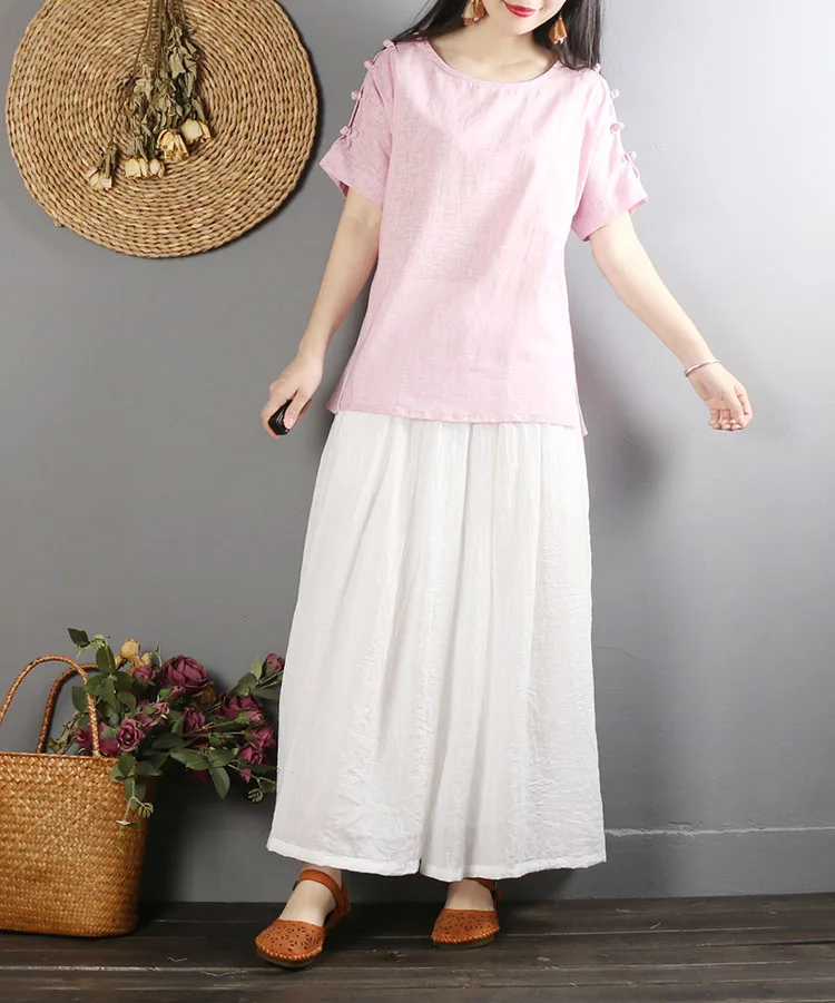Chinese Style Cotton Linen Tops Casual Tshirt Retro Button Short Sleeve Summer National Loose Solid Color Loose T-Shirt Blue