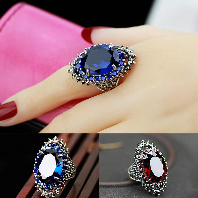 Male Female Oval Pomegranate Ring Red Blue Stone Couples Wedding Rings