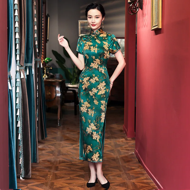 

Elegant Women Sexy Slim Long Qipao Chinese Traditional Classic Mandarin Collar Cheongsam Novelty Print Flower Vestidos Plus Size