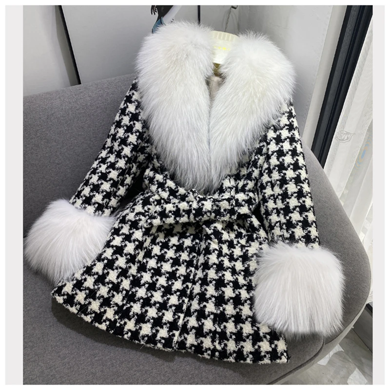 2020 Winter Coat Women Elegant New Plaid Color With Natural Silver Fox Fur Collar Cuff Parka Fashion Female Woolen Jacket | Женская