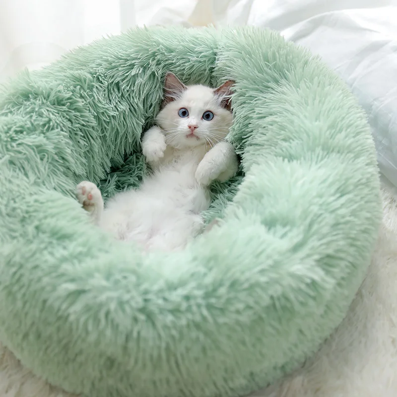 Lecho de mascota caseta para perro, cama redonda para gato, saco de dormir cálido para casa de perro, de felpa larga, cojín para cachorro, esterilla, suministros para gato