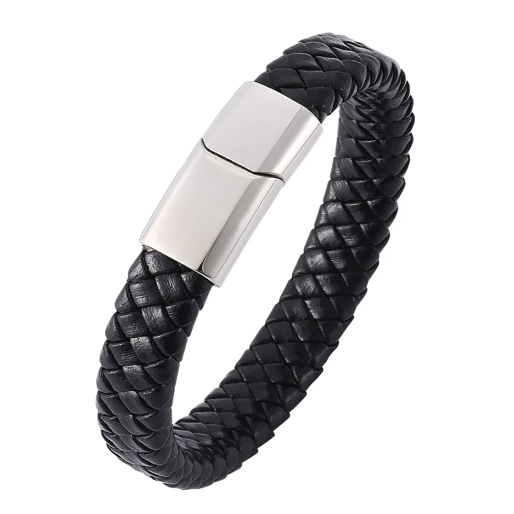 

Free shipping Punk Men Jewelry Black/Brown Braided Leather Bracelet Stainless Steel Magnetic Clasp Fashion Bangles 18.5-20.5cm