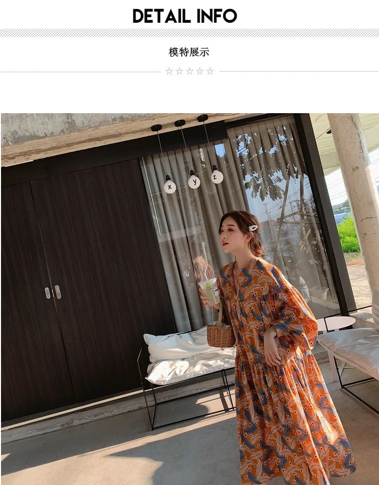 Фотосессия Южная Корея Ulzzang сладкий цвет перо Печатный v-образным вырезом фонарь рукав свободный-Fit ТРАПЕЦИЕВИДНОЕ ПЛАТЬЕ куклы женщин