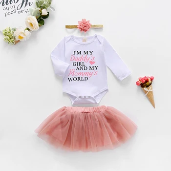 

Newborn Kids Baby Girl Outfit Letters Printed Romper Bodysuit Tops+tutu Tulle Skirt+Headband Kids Clothes Sets 0-18 Months D30
