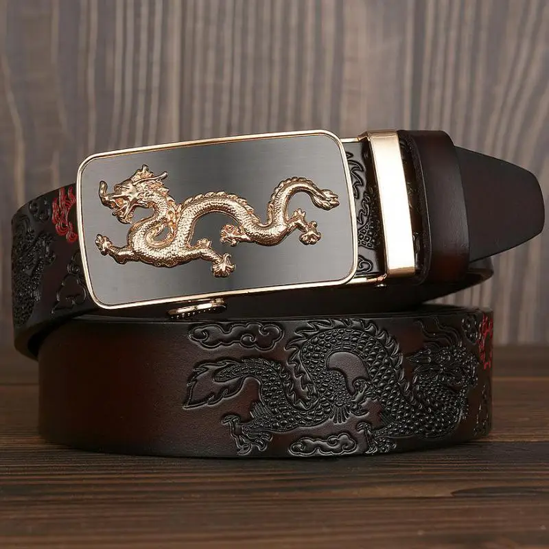 

New high-end men's belt fashion personality double dragon play bead belt men's high-quality alloy automatic buckle jeans belt
