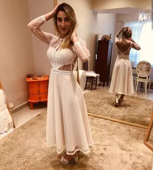 

Wedding Dresses Short Knee Length Long Sleeve Point Net Backless A-Line 2021 Bridal Gowns For Petite Women O-Neck Charming