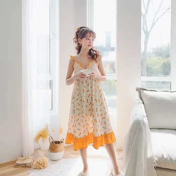

2020 New style printed pattern Sexy spaghetti strap sleepdress summer season women 100% cotton long style nightgown