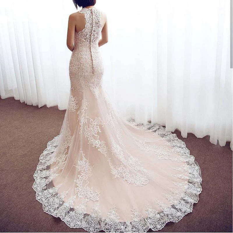 Ivory-Lace-Champagne-Satin-Sleeveless-Floor-Length-Mermaid-Trumpet-Wedding-dress-Chapel-Train-Custom-made (1)